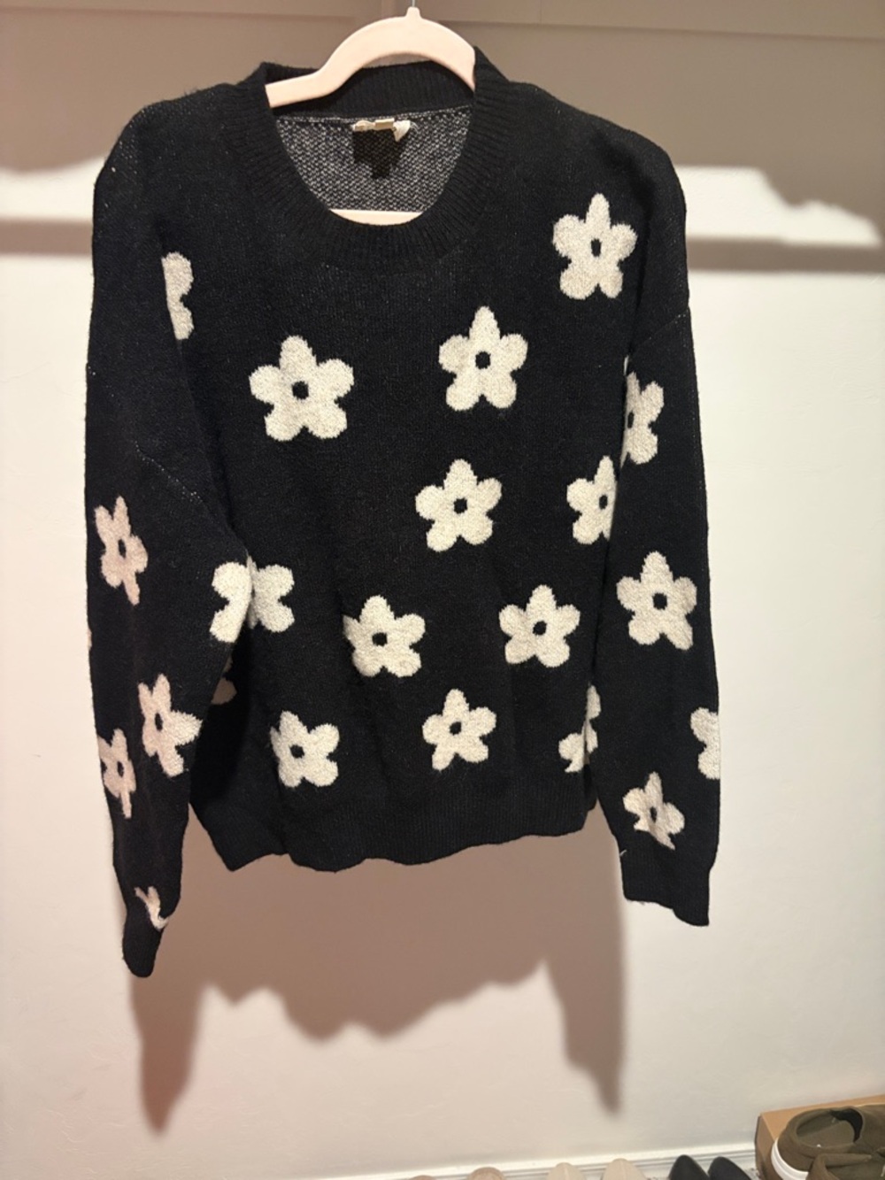 BiBi Black Crewneck Sweater with White Floral Motif